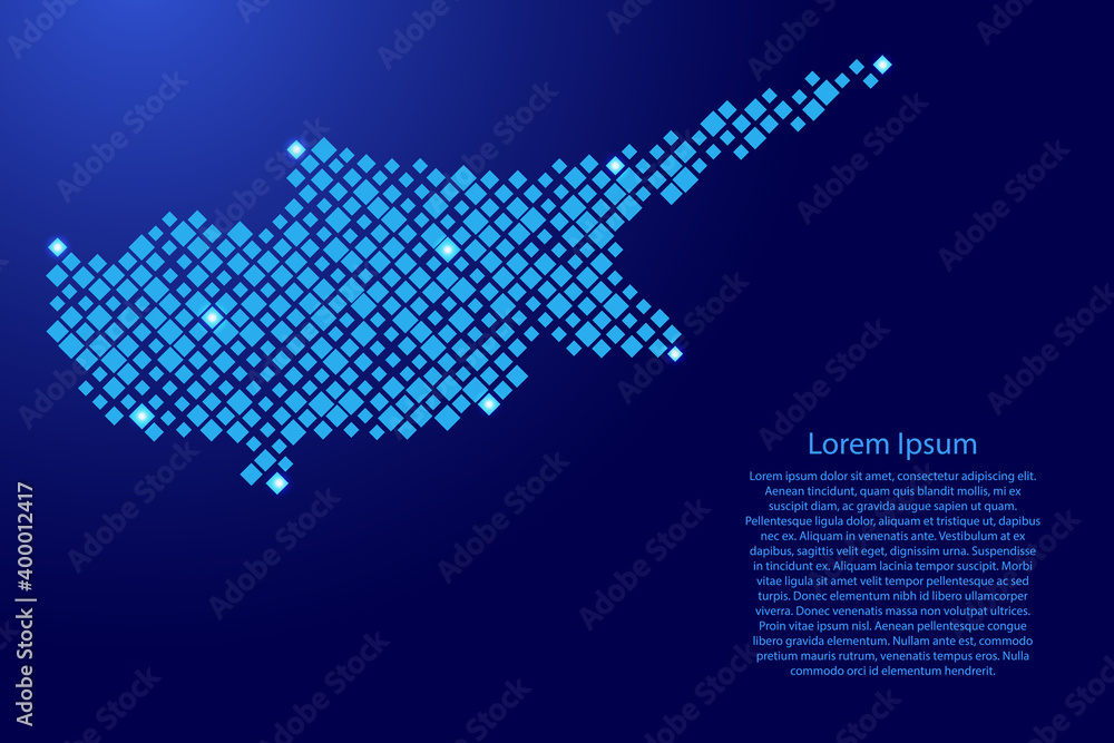 Poster cyprus map from blue pattern rhombuses of different sizes and glowing space stars grid. vector illus