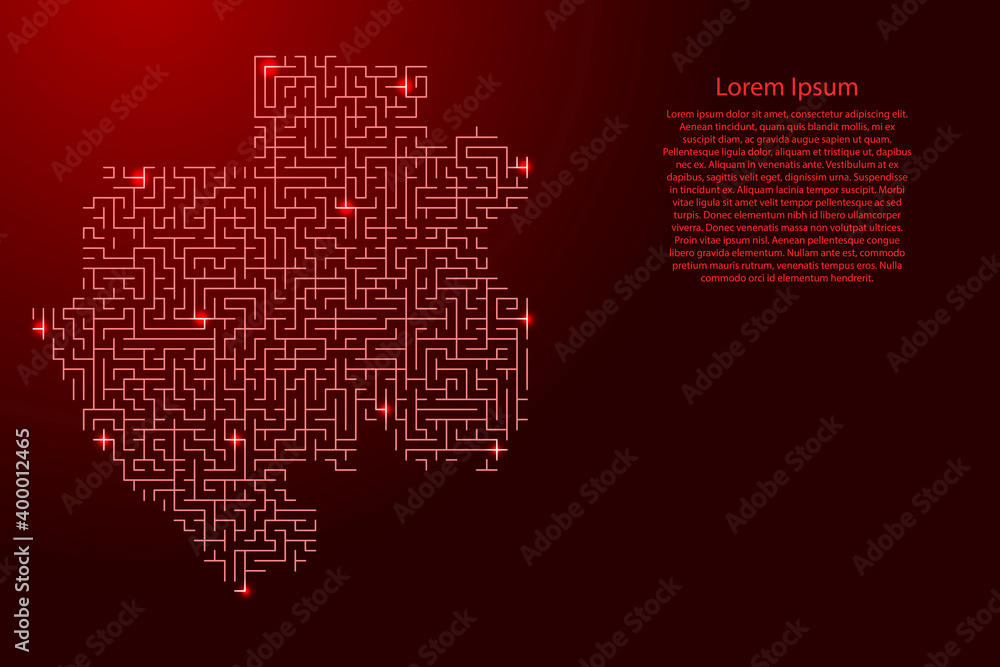 Poster gabon map from red pattern of the maze grid and glowing space stars grid. vector illustration.