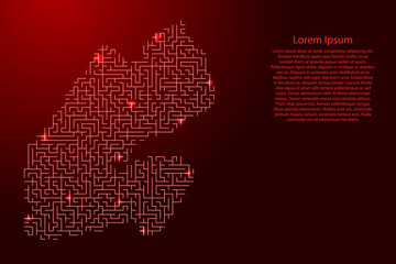 Djibouti map from red pattern of the maze grid and glowing space stars grid. Vector illustration.