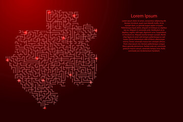 Gabon map from red pattern of the maze grid and glowing space stars grid. Vector illustration.