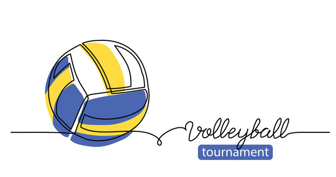 Volleyball tournament simple vector background, banner, poster with color ball sketch. One line drawing art illustration of volleyball ball