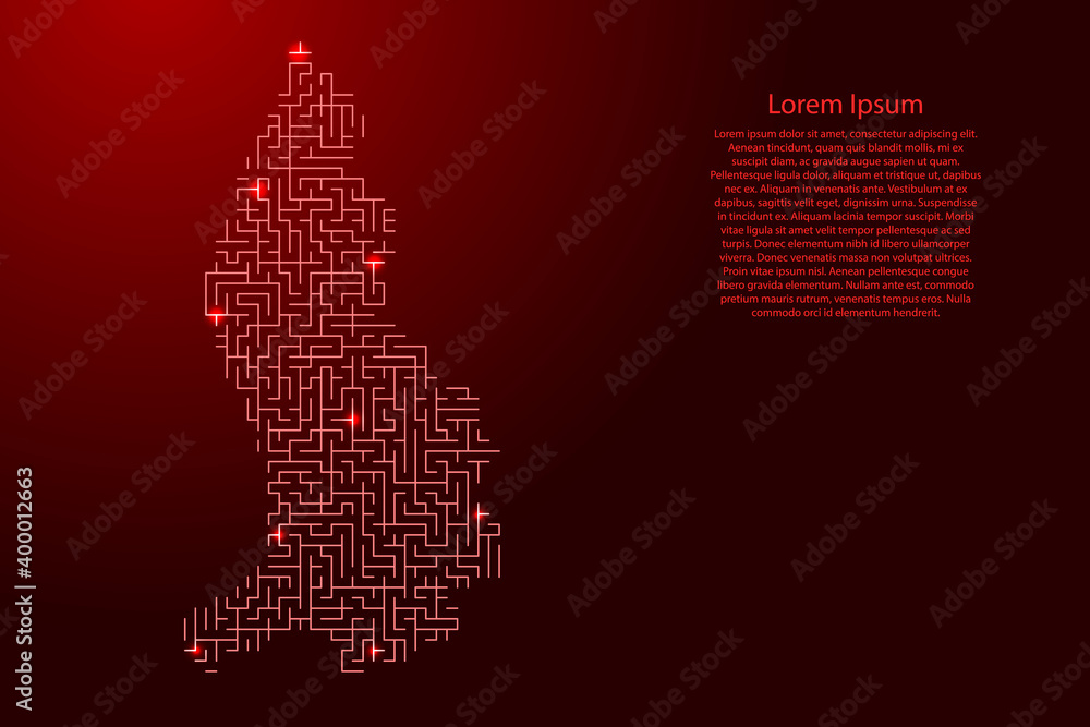Poster liechtenstein map from red pattern of the maze grid and glowing space stars grid. vector illustratio