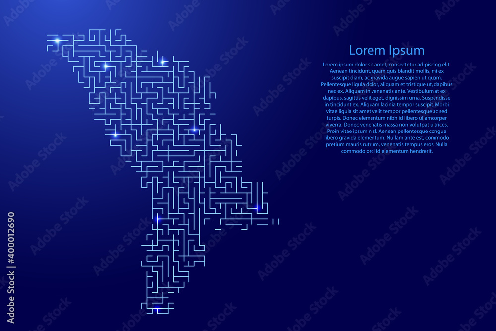 Poster moldova map from blue pattern of the maze grid and glowing space stars grid. vector illustration.