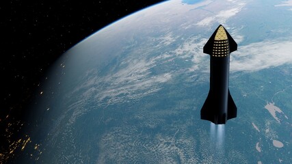 SpaceX Concept Spacecraft in orbit of the Earth. SpaceX Elon Musk Mars programm 3d render © Aleksandr