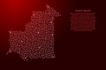 Mauritania map from red pattern of the maze grid and glowing space stars grid. Vector illustration.