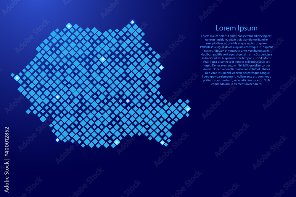 Aufkleber romania map from blue pattern rhombuses of different sizes and glowing space stars grid. vector illu
