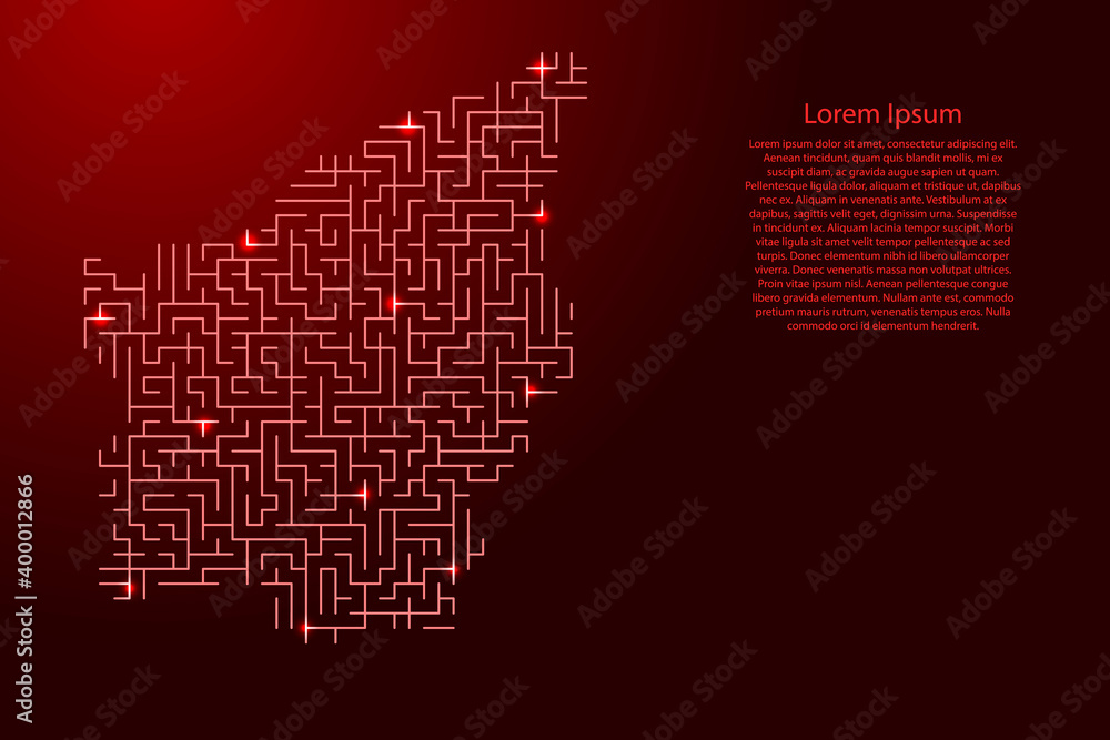 Poster san marino map from red pattern of the maze grid and glowing space stars grid. vector illustration.