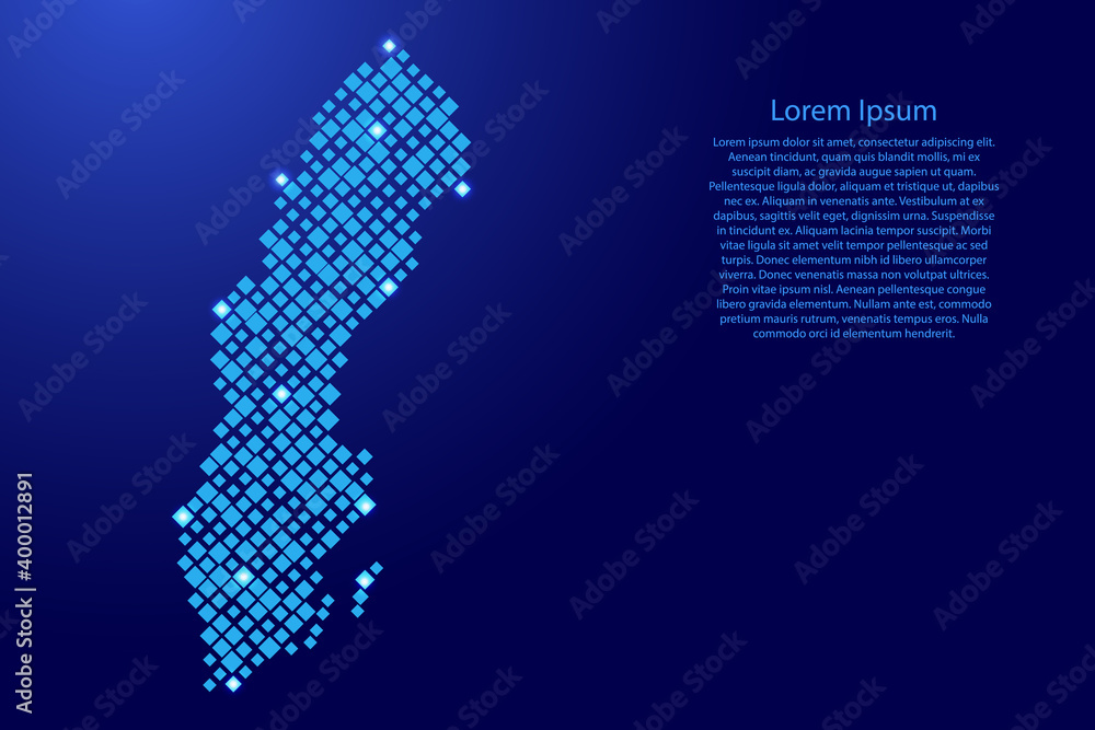 Poster sweden map from blue pattern rhombuses of different sizes and glowing space stars grid. vector illus