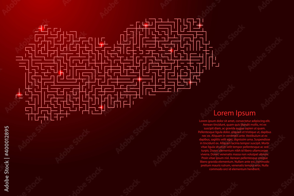 Poster yemen map from red pattern of the maze grid and glowing space stars grid. vector illustration.