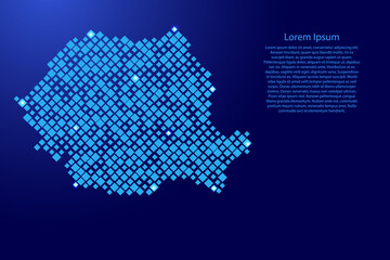 Romania map from blue pattern rhombuses of different sizes and glowing space stars grid. Vector illustration.