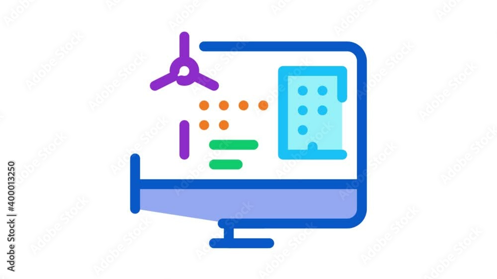 Poster windmill computer control icon animation. color windmill computer control animated icon on white bac