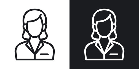 Business woman or business lady icon. Woman in a strict business suit. Simple two-tone vector illustration on black and white background