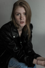 Naklejka premium Model test with young beautiful female model with blonde hair