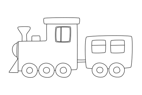 Vector hand drawn doodle cute train steam locomotive isolated on white background. Best for coloring book for children education. Black monochrome design for print cards, poster, invitation, toys kids