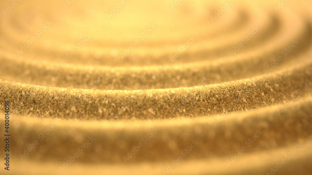 Poster 3d rendering of golden waves with golden glittering dust. seamless loop and extremely shallow depth 
