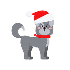 Christmas cute dog isolated on white background. Grey domestic happy puppy in red scarf and santa claus hat. Flat design cartoon style xmas holiday animal character vector illustration.