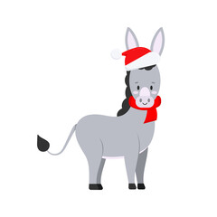 Fototapeta na wymiar Cute christmas donkey vector icon isolated on white background. Farm animal happy donkey in santa claus red hat and scarf cartoon character. Flat style xmas graphic design element illustration.