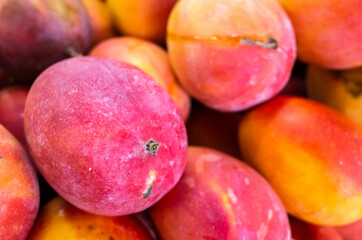 red stacks of mango fruits