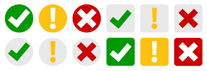 Collection Set of  check mark, exclamation point, X mark icons buttons  isolated on white background. Vector Illustration EPS10