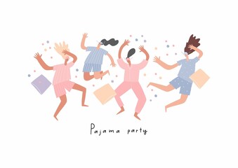 Christmas Pajama party Vector illustration in flat style. Happy people in pajamas in the bedroom.