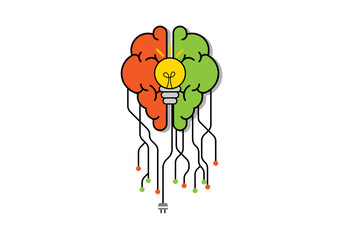 Creative and idea concept. Brain with line and yellow spot and light bulb. Background or banner for design.