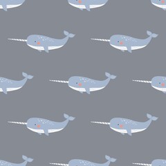 Cute narwhal vector print. Undersea animals seamless pattern