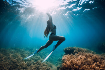 Freediver girl with white fins glides underwater with amazing sun rays and seaweed. Free diving underwater in blue sea