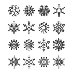 Set of simple geometric black snowflakes isolated on white background. Vector holiday christmas collection