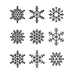 Set of simple geometric black snowflakes isolated on white background. Vector holiday christmas collection