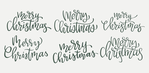 Set of Merry Christmas lettering phrases on white background. Green isolated hand write holiday elements