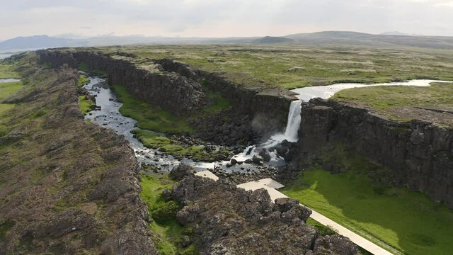 Flying around the Oxarafoss Waterfall in Iceland