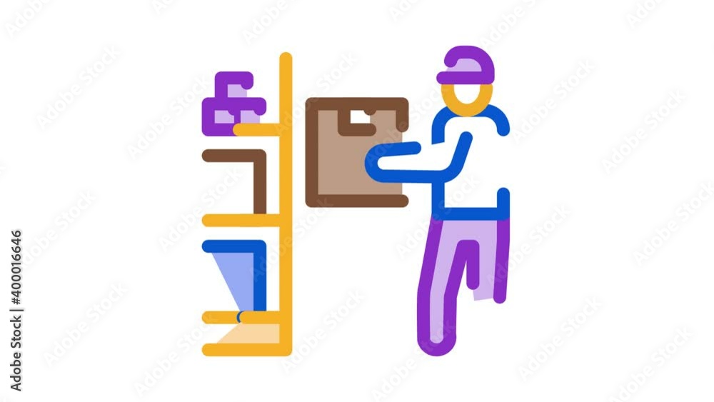 Poster man restocking in cellar icon animation. color man restocking in cellar animated icon on white backg