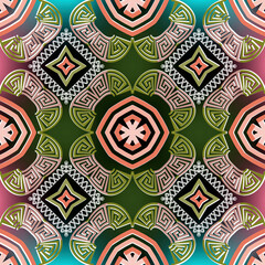 Floral vector seamless pattern. Abstract tribal ethnic style glow background. Repeat colorful  backdrop. Zigzag rhombus frames, flowers, mazes, shapes. Greek key, meanders geometric modern ornaments