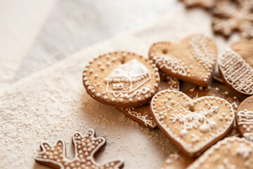 christmas ginger bread cookies, edible christmas tree decoration on white background