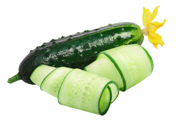 Whole cucumber with rolled up cucumber slices, shavings or curls  isolated