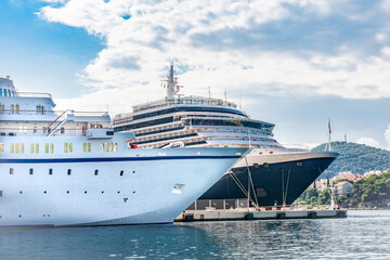 Fototapeta na wymiar Large tourist ships in the gulf of the Adriatic sea at the marina of Dubrovnik, Croatia