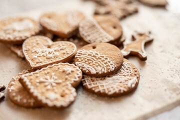 christmas ginger bread cookies, edible christmas tree decoration on white background