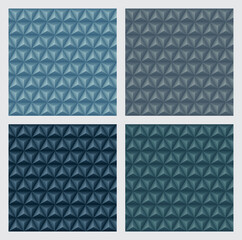 3d triangles pyramids, earth tone blue color backgrounds set. Geometric hexagons, diamonds shape, seamless patterns. Vector illustration.
