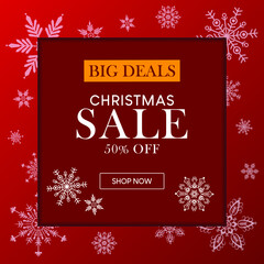 Fototapeta na wymiar Christmas sale vector poster with discount text and snow elements for shopping promotion.