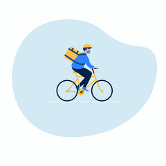 Bicycle delivering order. Courier man in respiratory mask. Online delivery service concept. Vector illustration in cartoon flat style.