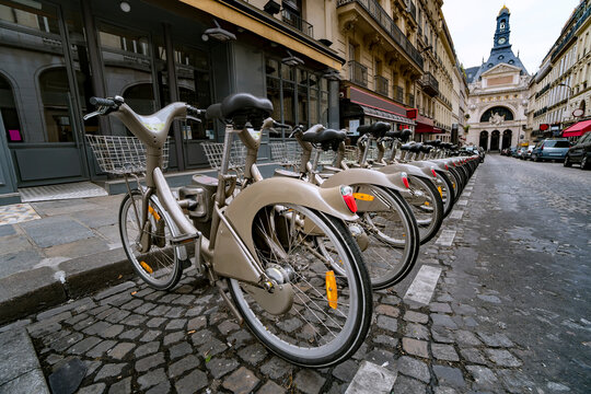 Some bicycles of the Velib bike rental service in Paris. With the bicing sharing service people can rent bicycles for short trips