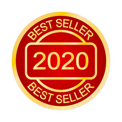 Best seller 2020 stamp. Round logo or label. Seal. Product quality. Bestseller cachet. Round print. Top seller. Dark red and gold.
