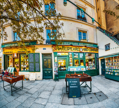 Paris, France - circa May, 2017: Famous Shakespeare and Company bookstore and library (specializing in English-language literature) was founded in Paris's Left Bank by American George Whitman in 1951