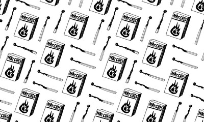 Hand drawn doodle seamless pattern with matches. Burnt wooden stick. Simple vector illustration.