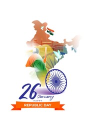 Vector banner of Happy Republic day concept banner, 26 january, national holiday of India, Indian flag, Mahatma Gandhi, ashoka chakra, pegion, template for website.