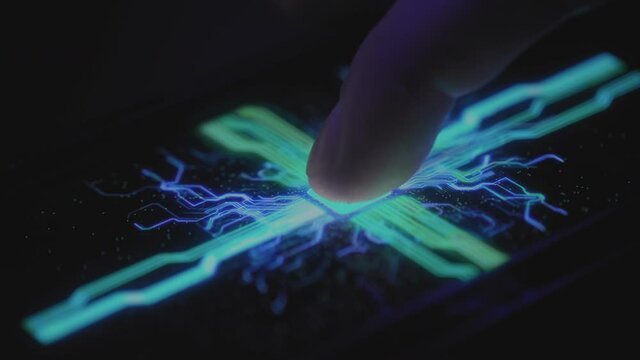 Digitalization Concept: Man presses a digital button on a touch screen. Activates artificial intelligence. A person launches machine learning of a neural network. Modern computer technologies