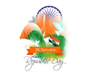 Vector banner of Happy Republic day concept banner, 26 january, national holiday of India, Indian flag, Mahatma Gandhi, ashoka chakra, pegion, template for website.