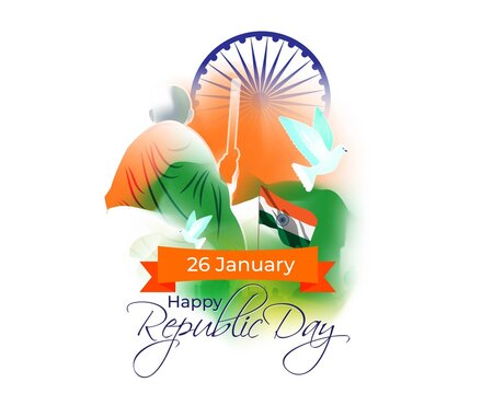 Vector banner of Happy Republic day concept banner, 26 january, national holiday of India, Indian flag, Mahatma Gandhi, ashoka chakra, pegion, template for website.
