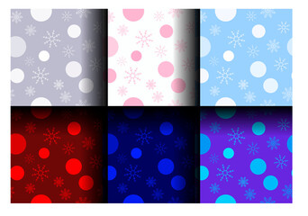 Fototapeta na wymiar set of seamless festive patterns with snowflakes and circles, christmas background, bright texture for textiles, wrapping paper, surface printing