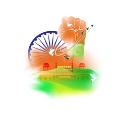 Vector banner of Happy Republic day concept banner, 26 january, national holiday of India, Indian flag, ashoka chakra, red fort, freedom hand, template for website.